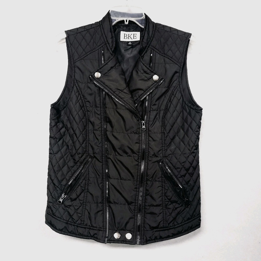 BKE Women M Puffer Vest Black Quilted Full Zip Moto Gorpcore Whimsigoth